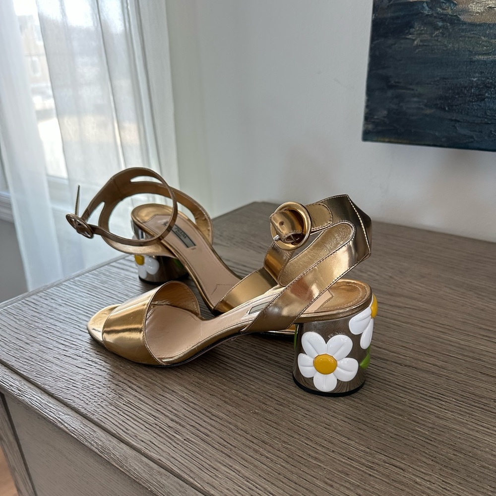 Prada Gold Sandals with Floral Heel